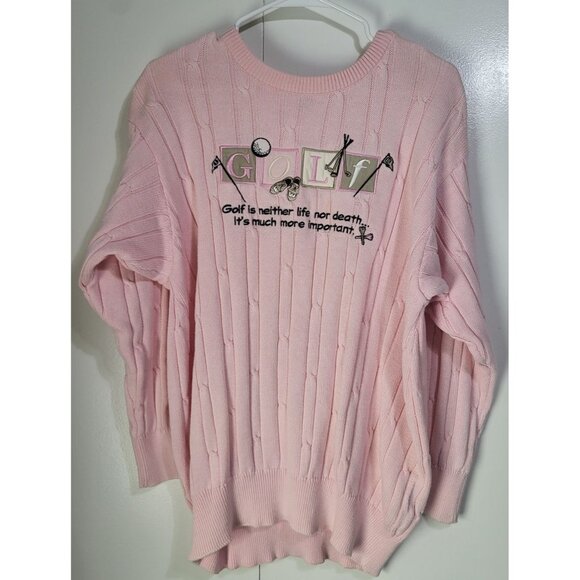 La Mode Sweaters - VTG La Mode Women's XL Golf Embroidered Cable Knit Pink Sweater Whimsy Grandma